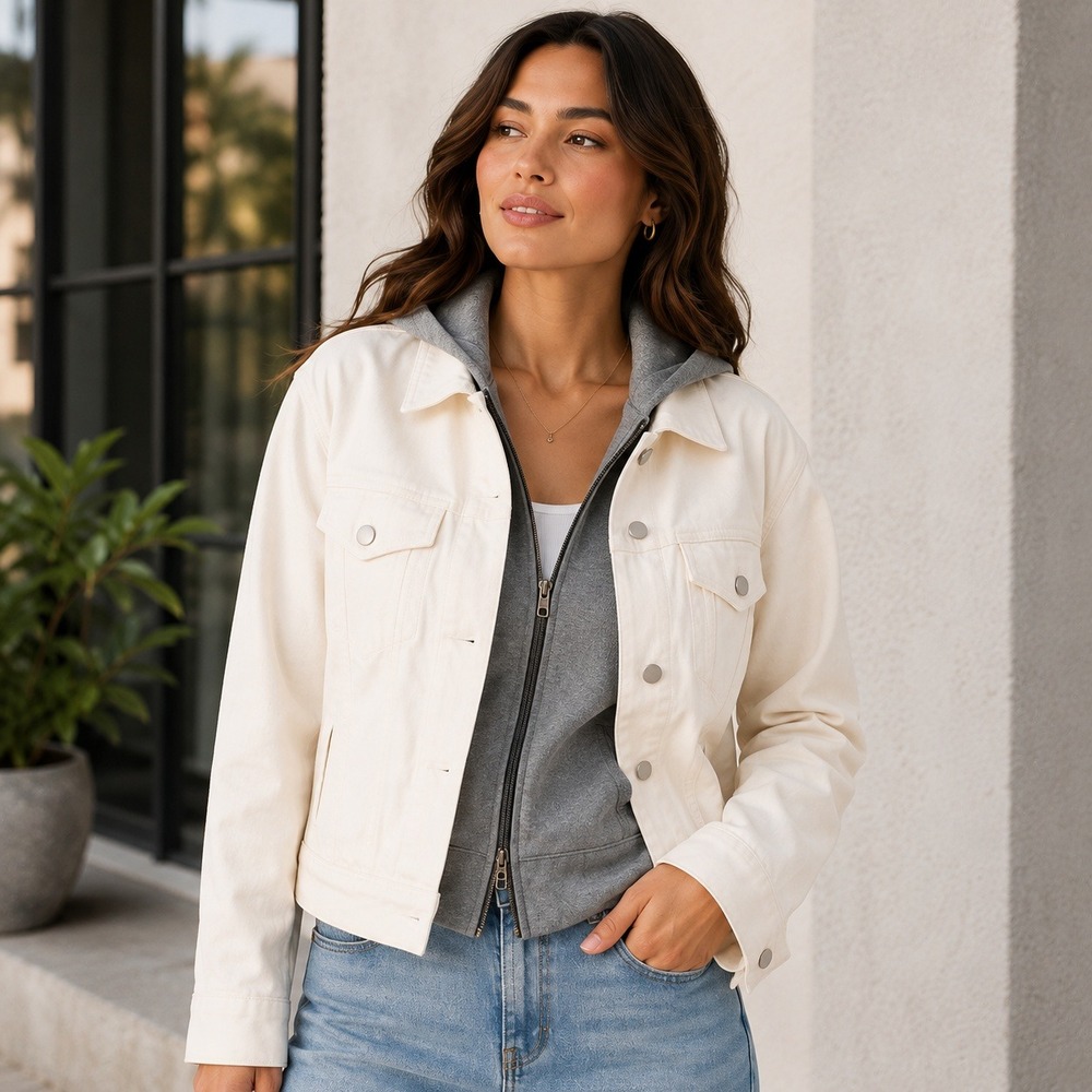 Athleta Double Time Denim Jacket White Gray Removable Hooded Vest XL 3-in-1
